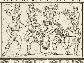 from Bartoli's Antichi Sepolchri, Plate 124. An Etruscan Cinerary Urn, A collection of antique vases, altars, paterae, tripods