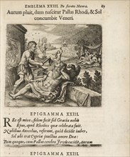 Emblema XXIII: Aurum pluit, dum nascitur Pallas Rhodi, and Sol concumbit Veneri. Michaelis Majeri, Secretioris naturae