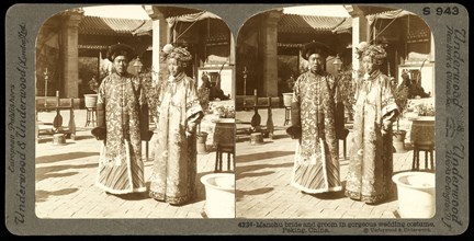 Peking, China, Manchu bride and groom in gorgeous wedding costume, Peking, China, Underwood and Underwood, Gelatin silver, 1900