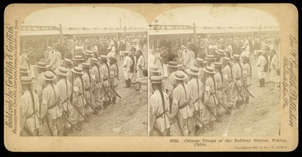 Peking, China, Chinese troops at the railway station, Peking, China, Griffith and Griffith, Gelatin silver, 1902, Troops