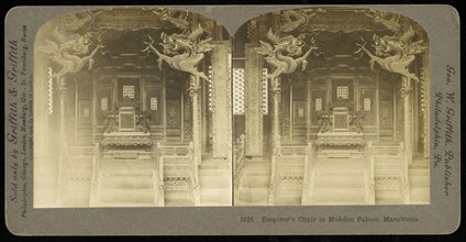 Manchuria, Emperor's chair in Mukden Palace, Manchuria, Griffith and Grifith, Gelatin silver, 1906, View of the throne room