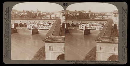 Florence, Ponte Vecchio and the westward sweep of the river Arno, Florence, Stereographic views of Italy, Underwood
