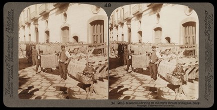 Naples, Macaroni drying, Naples, Stereographic views of Italy, Underwood and Underwood, Underwood, Bert, 1862-1943, stereograph
