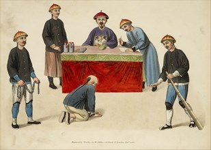 A culprit before a magistrate, The punishments of China, Dadley, J., Mason, George Henry, Stipple engraving, hand-colored, 1801