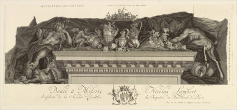 Cornice flanked by Bacchus and Pan, Apotheosis of Hercules, Le Brun, Charles, 1619-1690, Picart, Bernard, 1673-1733, Surugue