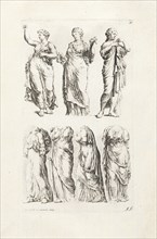 Seven draped female statues, Paradigmata graphices variorum artificum, Bisschop, Jan de, 1628-1671, Heemskerk, Martin van, 1498