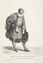 Marc Antoine Romagnezi. dans le personnage du docteur Balouard, Italian theater prints, Chalk lithography, 1550