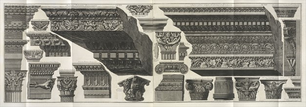 Various entablatures, capitals and ornamental fragments, Ioannis Baptistae Piranesi Antiquariorvm regiae societatis Londiniensis