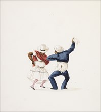 Dancing couple, Costumes of Lima, Peru, Watercolor, ca. 1860, Man in blue suit and woman in white dress