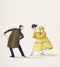 Dancing couple, Costumes of Lima, Peru, Watercolor, ca. 1860, Man in brown coat and woman in yellow dress