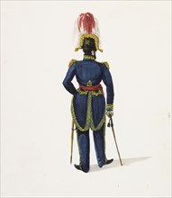 View of soldier in blue uniform from behind, Costumes of Lima, Peru, Unknown, Watercolor, ca. 1860, Soldier holds swords