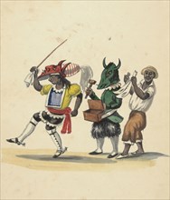Slaves from Chorillos dancing with grotesque masks and jawbone instruments, Lima costumes, ca. 1853, Fierro, Pancho, 1803-1879