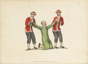 Punishing an interpreter, The punishments of China, Dadley, J., Mason, George Henry, Stipple engraving, hand-colored, 1801
