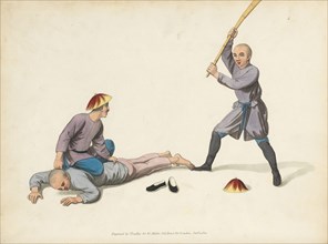 An offender undergoing the bastinade, The punishments of China, Dadley, J., Mason, George Henry, Stipple engraving, hand-colored