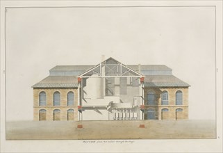 Section from west to east through the stage, The Stag Brewery at Pimlico and other adjoining premises, 1807, Saunders, George