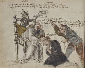 Cartoon mocking Catholic market for indulgences, Handbook with sketches, Hanberg, Hans, 16th century, ca. 1570-1598