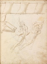 Figures in water holding oars and portable bridge, Edificij et machine MS, Martini, Francesco di Giorgio, 1439-1502, Brown ink