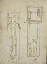 Folio 5 two piston pumps, Edificij et machine MS, Martini, Francesco di Giorgio, 1439-1502, Brown ink and wash on paper