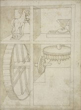 Folio 43 mill powered by horse, Edificij et machine MS, Martini, Francesco di Giorgio, 1439-1502, Brown ink and wash on paper