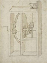 Mill powered by crank, Edificij et machine MS, Martini, Francesco di Giorgio, 1439-1502, Brown ink and wash on paper
