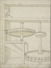 Folio 40 mill with horizontal water wheel, Edificij et machine MS, Martini, Francesco di Giorgio, 1439-1502, Brown ink and wash