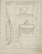 Folio 40 mill with overshot water wheel, Edificij et machine MS, Martini, Francesco di Giorgio, 1439-1502, Brown ink and wash