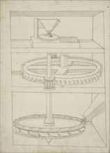Folio 39 mill with horizontal water wheel, Edificij et machine MS, Martini, Francesco di Giorgio, 1439-1502, Brown ink and wash