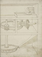 Mill with horizontal water wheel, Edificij et machine MS, Martini, Francesco di Giorgio, 1439-1502, Brown ink and wash on paper