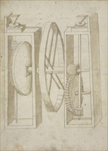 Two mills with wheel between, Edificij et machine MS, Martini, Francesco di Giorgio, 1439-1502, Brown ink and wash on paper