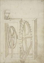 Folio 14 mill with undershot water wheel, Edificij et machine MS, Martini, Francesco di Giorgio, 1439-1502, Brown ink and wash