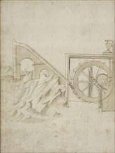 Folio 13 mill powered by water from siphon, Edificij et machine MS, Martini, Francesco di Giorgio, 1439-1502, Brown ink and wash