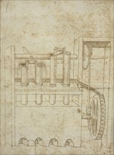 Folio 10 piston pumps and water wheel, Edificij et machine MS, Martini, Francesco di Giorgio, 1439-1502, Brown ink and wash on