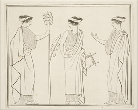 Three women in classical dress, one holding a lyre, Collection of engravings from ancient vases mostly of pure Greek workmanship