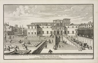 Veduta posteriore del medemo Palazzo Barberino con facciata e scala che porta al giardino et al piano della sala, Il nvovo