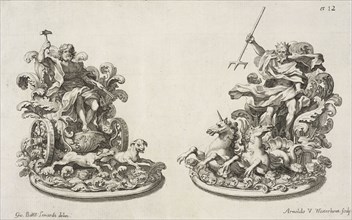 Two table ornaments depicting Neptune and Vulcan in carriages, An account of His Excellence Roger Earl of Castlemaine's embassy
