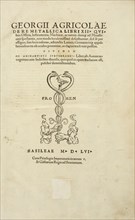 Title page, Georgii Agricolae De re metallica: libri XII. Quibus officia, instrumenta, machinae, ac omnia deni