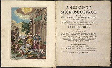 Frontispiece and title page of volume 1, Amusement microscopique tant pour l'esprit, que pour les yeux: contenant cinquante