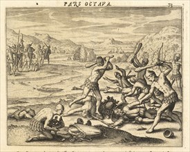 People of Morequito slaying Spanish soldiers, Americae pars VIII., Bry, Johann Theodor de, 1561-1623?, Engraving, M.DC.XXV, 1625