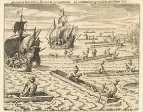Indigenous people in canoes approaching ships, Americae pars VIII., Bry, Johann Theodor de, 1561-1623?, Engraving, M.DC.XXV