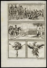 Cortés greeted by indigenous people, Battle scene with firing a cannon, Symbolic image of horse's head, Image of Montezuma
