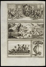 Montezuma and his court receive the Spanish, Battle scene, Indigenous people in a boat, Staff adorned with feathers, Istoria
