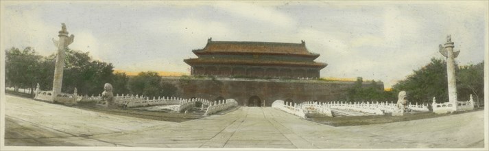 Marble bridges and gate, Forbidden City, Bejing, China, LeMunyon, C. E., Hand-colored, oil?, gelatin silver, ca. 1910