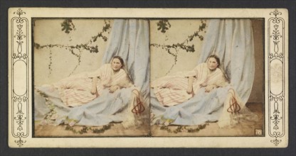 Woman reclining on divan with nargileh, orientalist photography, Olivier, Louis-Camille d', 1827-1870