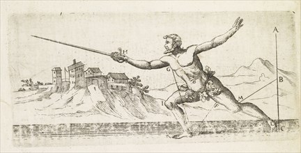 Figure illustrating the art of fencing, Neu kunstlich Fechtbuch, Fabris, Salvatore, d. 1617, Etching, engraving, black-and-white
