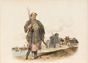 A soldier of Chu-San, armed with a matchlock gun, The costume of China, Alexander, William, 1767-1816, Engraving, hand-colored