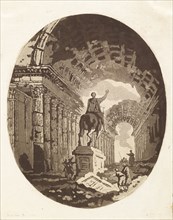 Statue antique, sur un piédestal, entourée de personnages, le tout parmi des ruines, Robert, Hubert, 1733-1808, Saint Non, Jean