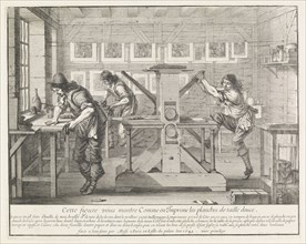 Cette figure vous montre comme on imprime les planches de taille douce, Bosse, Abraham, 1602-1676, Etching, black-and-white