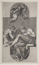 Apollo, Pan, and a putto blowing a horn, Ghisi, Giorgio, 1520-1582, Lafréry, Antoine, 1512-1577, Primaticcio, Francesco, 1504