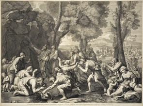 Moses striking the rock, print after paintings by Nicolas Poussin, Baudet, Etienne, 1638-1711, Poilly, Nicolas de, 1627-1696