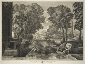 Landscape with a Roman road, print after paintings by Nicolas Poussin, Baudet, Etienne, 1638-1711, Monier, Pierre, 1641-1703